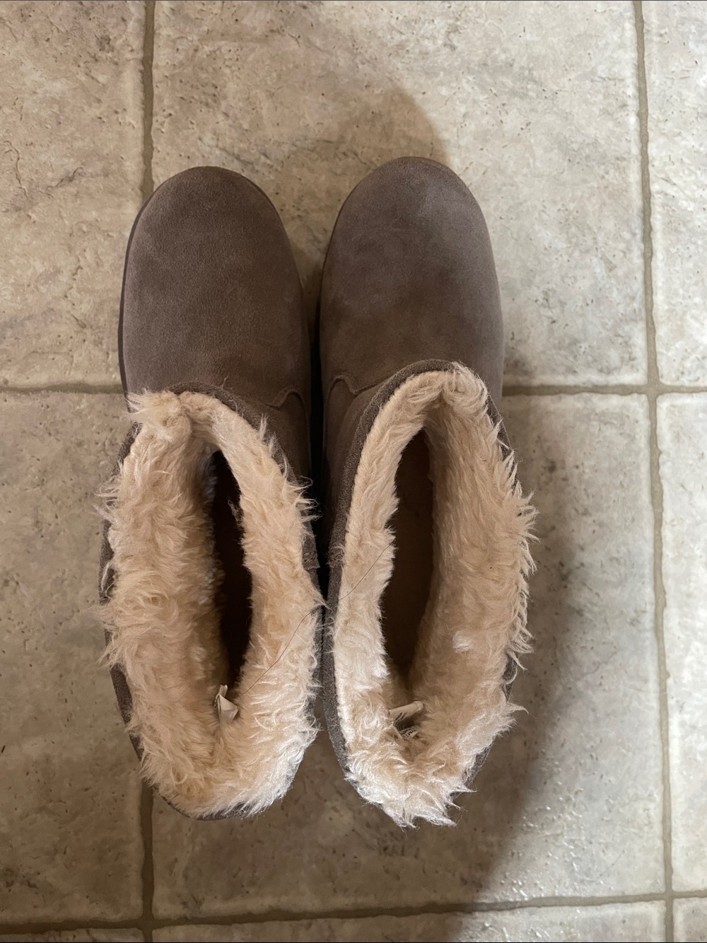 Time and Tru Taupe Faux Suede Ankle Booties with Cream Faux Fur